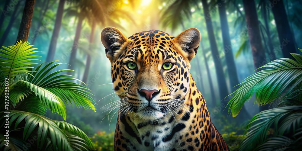 Poster captivating double exposure of a leopard with distinctive spots and fierce gaze blending with a lush