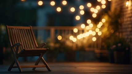 A cozy outdoor setting features a wooden chair amidst glowing string lights, creating a warm and inviting atmosphere.