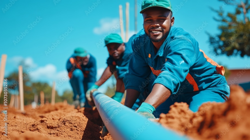 Poster three men are working on a pipe in the dirt. one of them is smiling. scene is positive and hardworki