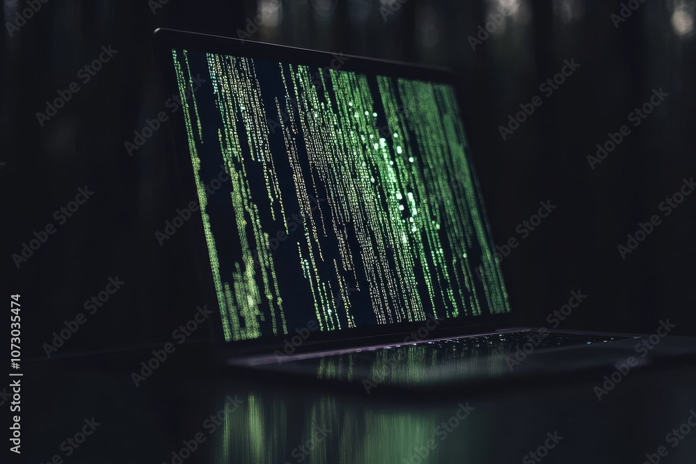 Poster laptop screen illuminates code in a dimly lit setting, highlighting programming skills