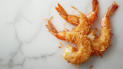 Crispy Fried Shrimp on Marble Background, Delicious Appetizer Perfect for Seafood Lovers, Ideal for Food Photography, Cookbooks, and Culinary Blogs