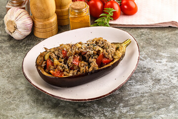 Baked eggplant stuffed meat and tomato