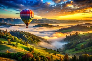 Fototapeta premium Captivating Double Exposure Photography of a Colorful Hot Air Balloon Amidst a Majestic Landscape with Dreamy Clouds and Lush Greenery