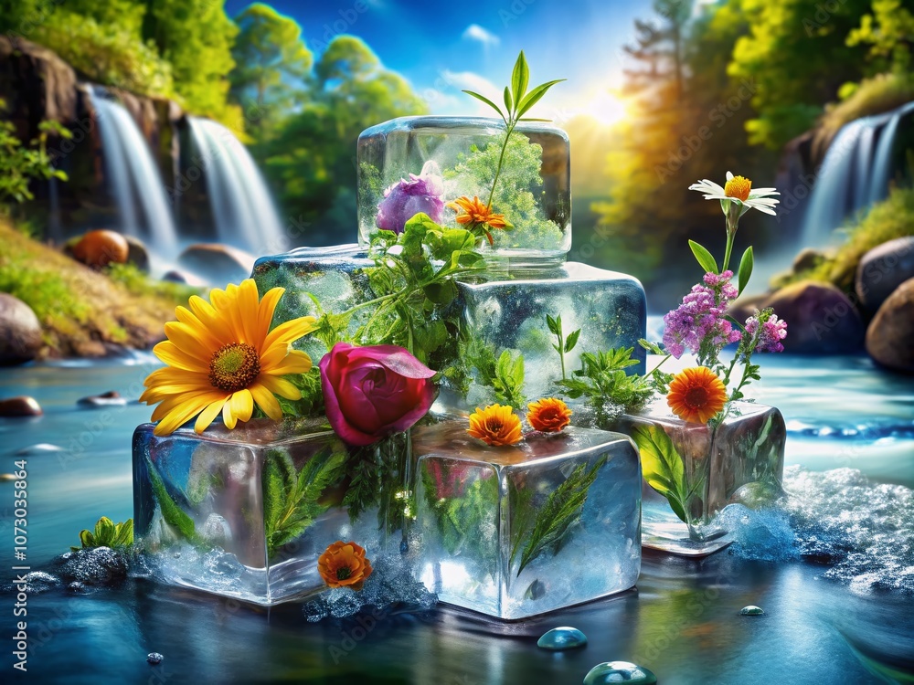 Poster captivating double exposure photography of melting ice cubes blending with nature's elements, creati