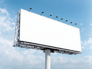 Naklejka premium Mockup Large white blank billboard or white promotion poster displayed on the outdoor against the blue sky background. Promotion information for marketing announcements and details