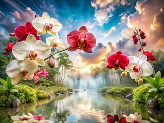 Obraz premium Captivating Double Exposure Photography of Red and White Orchids, Blending Nature's Beauty with Ethereal Elements for Stunning Visual Impact
