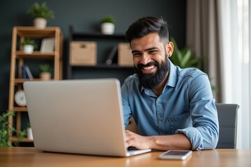 Smiling professional working on laptop in modern office environment
