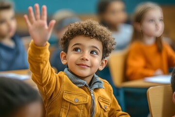 Diverse students in elementary classroom enthusiastically engaging with teacher in science lesson