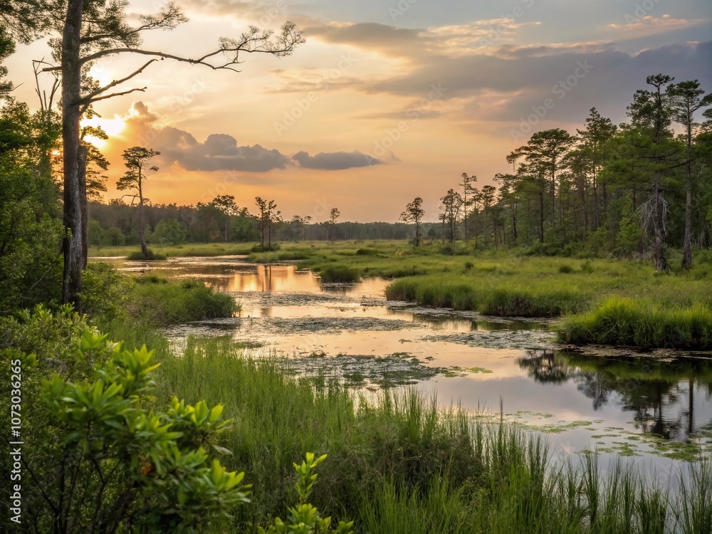 Poster captivating evening light in the swamp with bokeh effect creating a serene atmosphere of nature's be