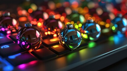 Festive Technology Close-Up of Keyboard with Colorful Reflections from Christmas Ornaments