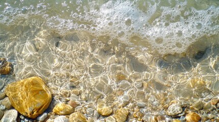 Close-up of clear water waves with tiny air bubbles rising to the surface, captured in bright sunlight, creating a refreshing and lively scene.