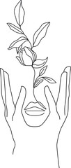 Woman Portrait with Flower Continuous One Line Drawing. Female Silhouette One Line Drawing. Vector Illustration Minimalistic Style for Modern Design: Prints, Wall Art, Posters, Social Media.	