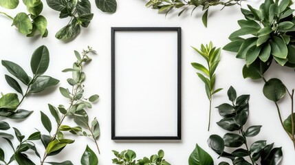 Fresh Greenery Surrounds a Blank Frame, Perfect for Nature-Themed Designs and Creative Displays with Lush Leaves on a Clean White Background