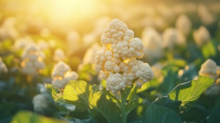 Photo of white cauliflower growing in the field, Fresh white green cauliflower
