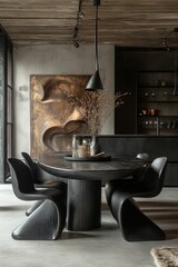 A modern dining space with an oval black wooden table and matching black chairs  " ai generator "