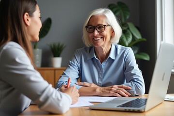 Intergenerational business meeting: senior woman and younger colleague collaborating in modern office