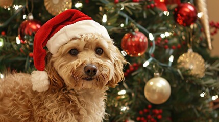 A cute golden retriever dog wearing a Santa hat standing in front of a Christmas tree, looking at the camera with a happy expression in a festive mood