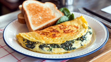 Delicious breakfast omelet with spinach served in a cozy restaurant setting, perfect for brunch, healthy eating, or morning inspiration in warm, inviting ambiance. 