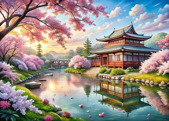 Captivating Japanese Watercolor Art Scene with Vibrant Colors and Rich Textures Showcasing Nature's Beauty in a High Depth of Field Composition