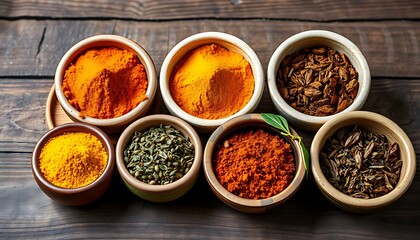 Assorted Spices in Bowls on Rustic Wooden Backgrou...