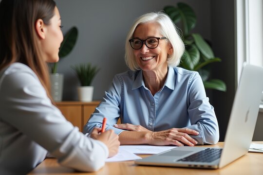 Intergenerational business meeting: senior woman and younger colleague collaborating in modern office - Powered by Adobe