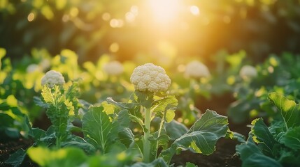 Photo of white cauliflower growing in the field, Fresh white green cauliflower