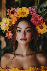 Naklejka premium Elegant woman wearing a vibrant floral wreath