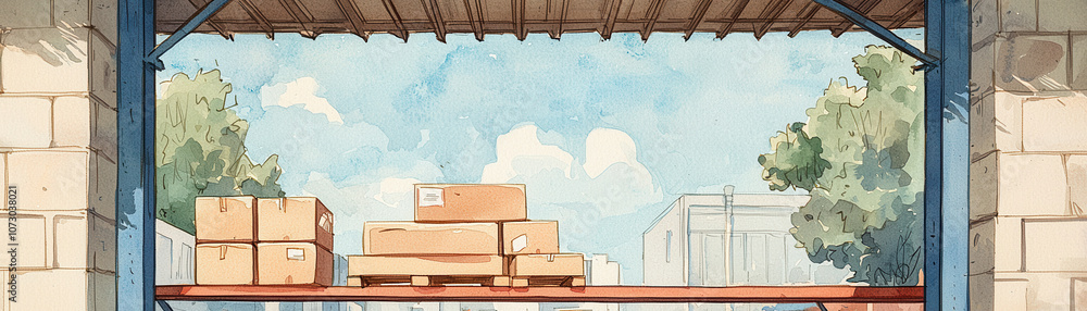Poster a colorful illustration of a warehouse scene with stacked boxes and a clear blue sky, framed by an o