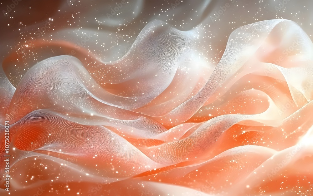 Poster an ethereal blend of soft peach and cream fabric, gracefully flowing and shimmering with hints of sp