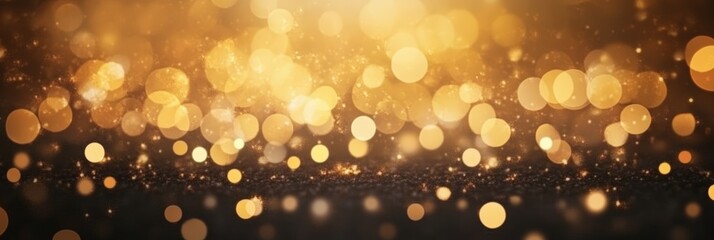 A Beautiful Close-Up of Blurry Golden Bokeh Lights Sparkling Against a Dark Background, Perfect for Celebratory Themes, Holiday Decorations, and Creative Projects