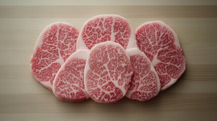 Slices of Premium Wagyu Beef with Intricate Marbling Displayed on a Light Wood Surface for Culinary Inspiration and Gourmet Presentation Ideas