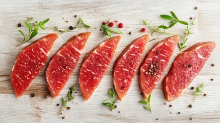 Slices of Fresh Red Meat on a Wooden Surface with Various Spices and Green Garnish, Ideal for Culinary Arts and Food Presentation Concepts