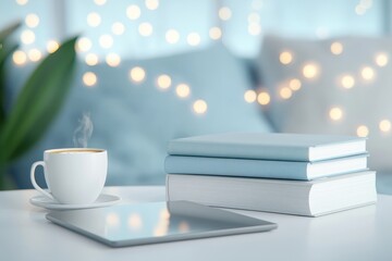 Cozy Reading Nook: A steaming cup of coffee, a stack of books, and a tablet rest on a table in a serene setting, illuminated by soft, warm string lights, creating a relaxing and inviting atmosphere.