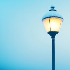 Frost-covered street lamp with a soft blue ambient glow, cold winter atmosphere, tranquil and moody scene