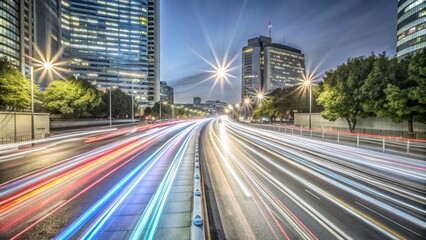 Fototapeta premium Captivating Long Exposure Shot of a Bullet Headed Vehicle in Motion, Creating Stunning Light Trails Against a Night Cityscape Background with Vibrant Colors and Dynamic Atmosphere