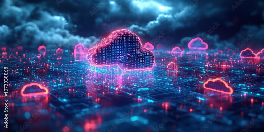 Poster futuristic digital landscape with neon clouds and glowing circuit board pattern, visualization of cl