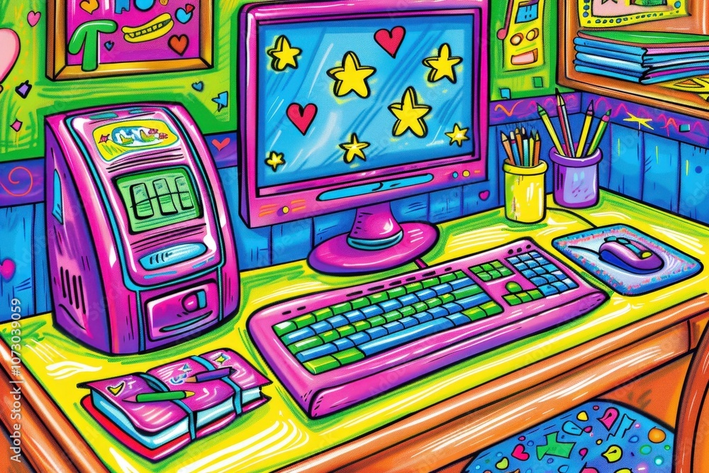 Poster a colorful computer desk with a pink computer monitor, keyboard, and mouse