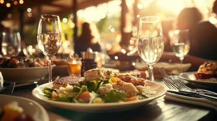 Close-Up of Seafood Dishes on Table with Warm Lighting