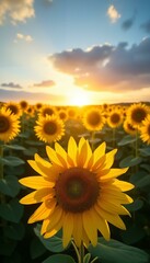Obraz premium Inspiring sunflower field at sunset with vibrant yellow blooms