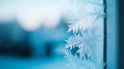 Frosted windowpane with soft blue light filtering through, abstract cold patterns, tranquil winter mood