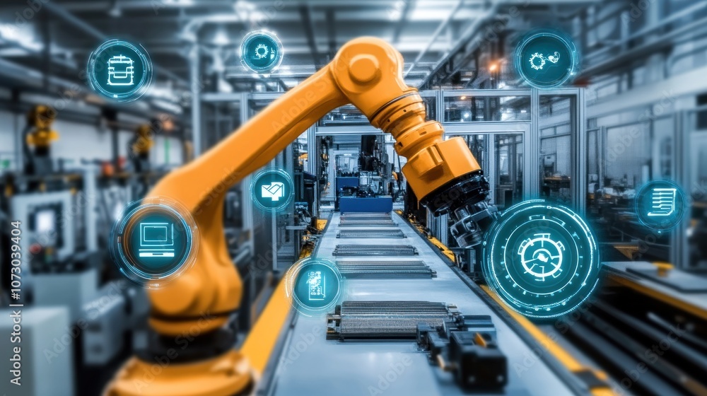 Poster a robotic arm working on an assembly line in a factory with digital icons.