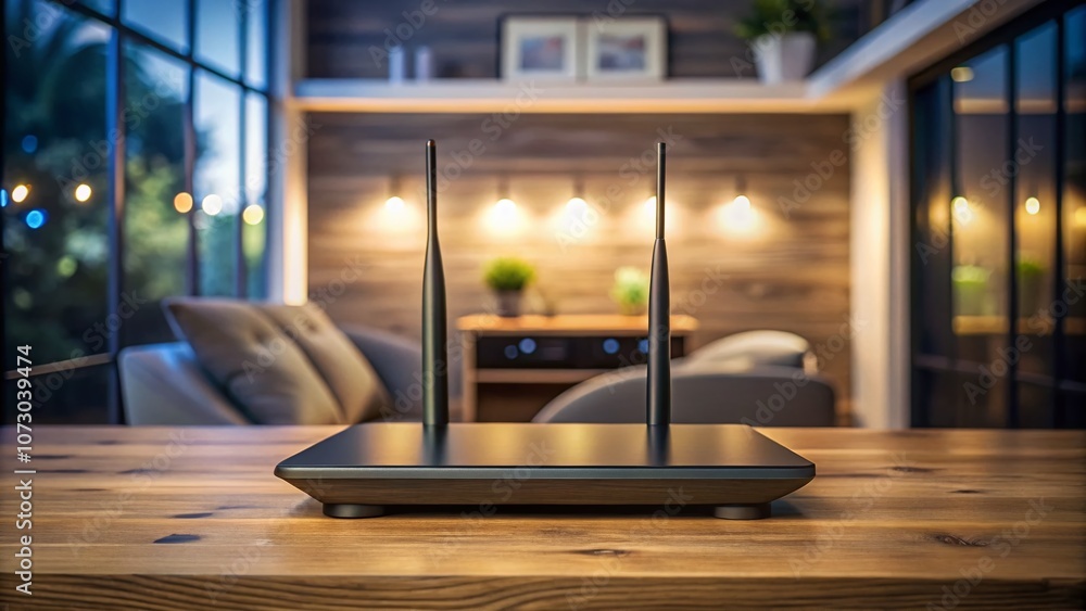 Poster captivating low light photography of a wireless router illuminated in a dark room, showcasing its mo