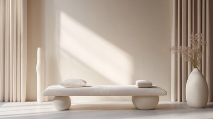 Minimalist interior design featuring a simple bench, soft cushions, elegant vase, and draped curtains in neutral tones, creating a serene and calming atmosphere