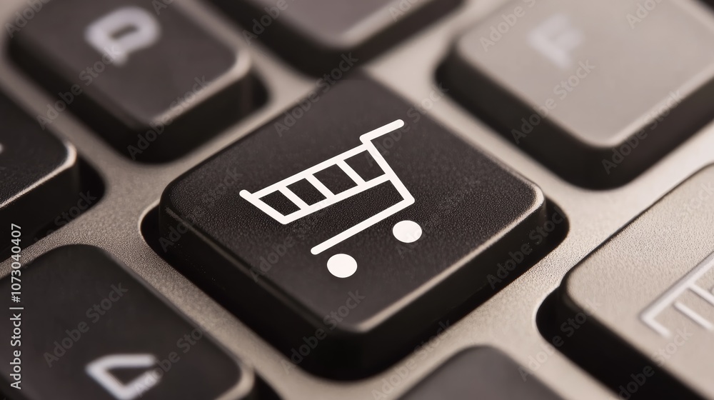 Aufkleber close up of a computer keyboard with a shopping cart icon key, symbolizing online shopping, e commer