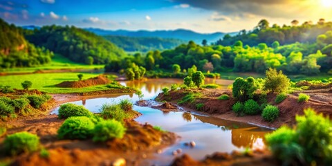 Naklejka premium Tilt-Shift Photography of a Scenic Landscape with a Muddy Background, Highlighting Nature's Beauty and Textures in a Unique Perspective