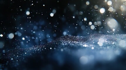 Dark blue bokeh background with silver sparkles and subtle light spots, creating a sophisticated, sparkling atmosphere.