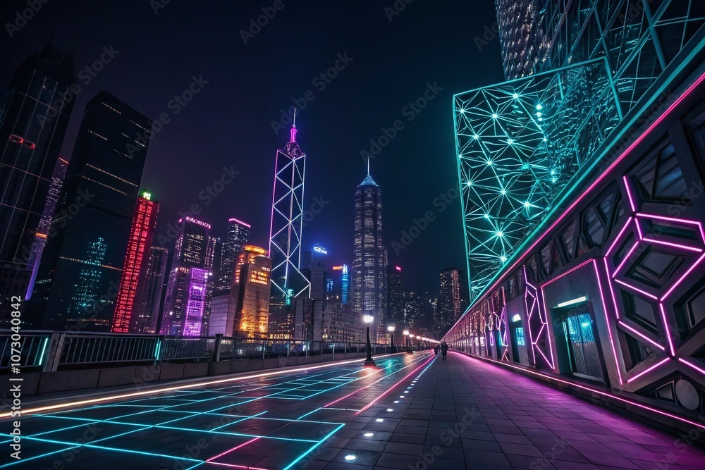 Aufkleber captivating matrix abstract night photography with neon lights and geometric patterns, creating a fu