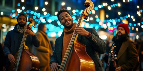 A lively musical gathering under festive lights. Three musicians play their instruments with joy and passion. Perfect for events, entertainment, and social gatherings. AI