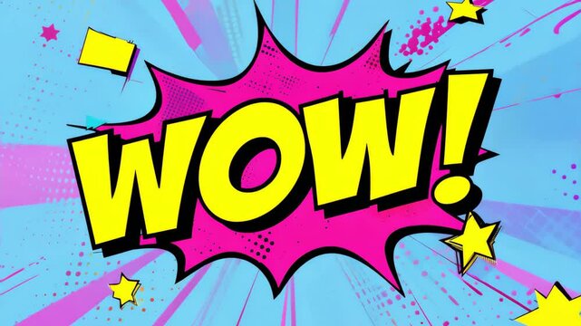 Pop art wow text retro comic exposion style animation of cartoon sign.