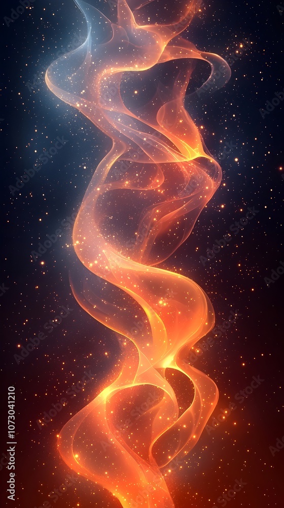 Poster a mesmerizing swirl of orange and blue smoke-like wisps, illuminated by sparkling stars against a de